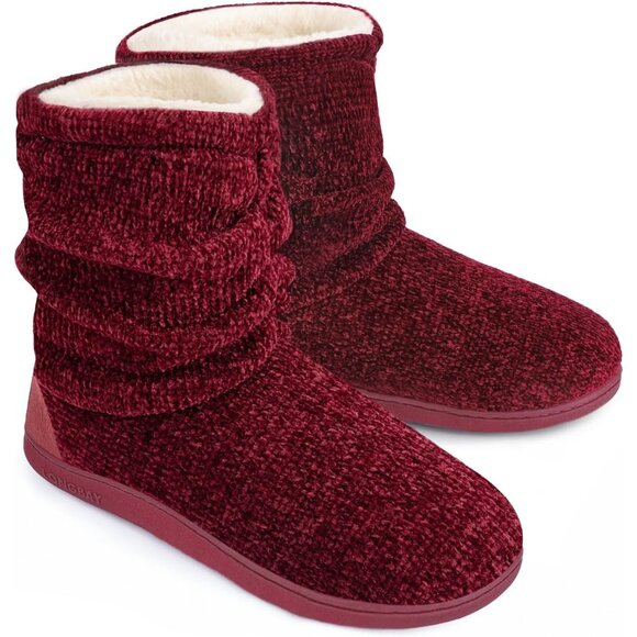 Women's Wine Red Winter Warm Non Slip Knit Memory Foam Slipper Bootie Shoes - Picture 1 of 6